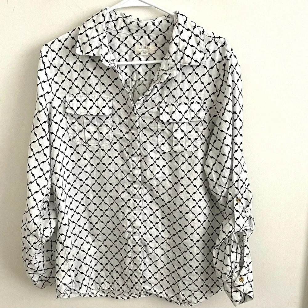 Linen Charter Club Luxury 100% linen white/black button down shirt L